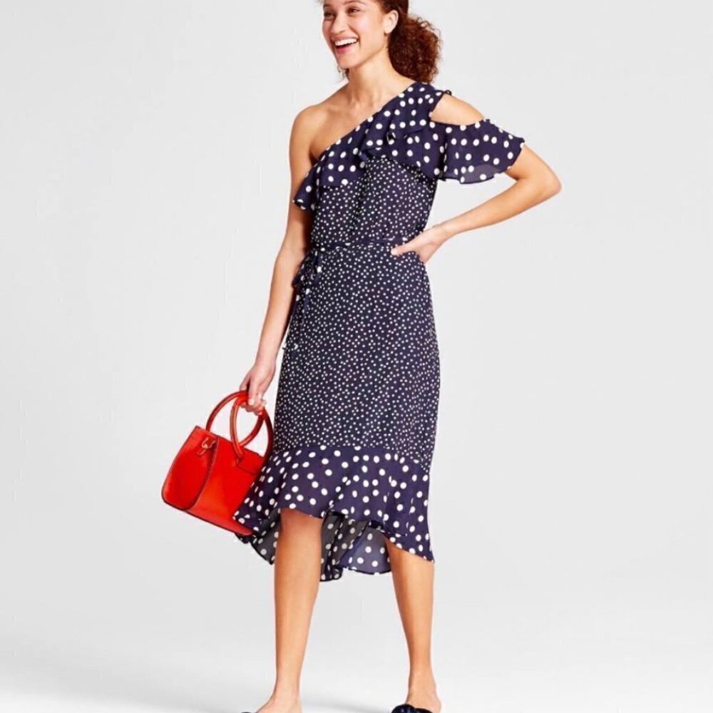 NWT A New Day Blue and White polka dot off shoulder dress, Size Small